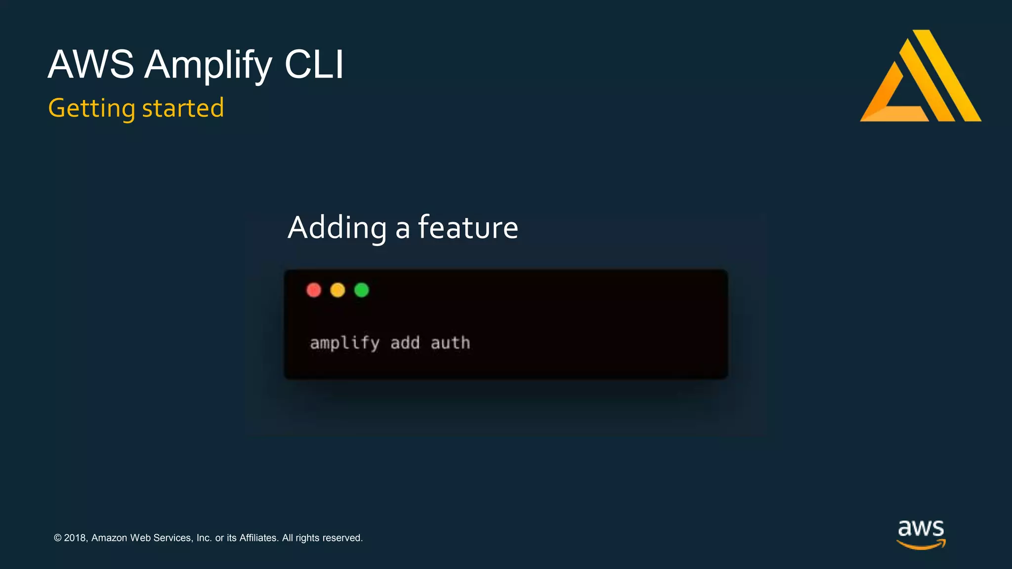 © 2018, Amazon Web Services, Inc. or its Affiliates. All rights reserved.
AWS Amplify CLI
Getting started
Adding a feature
 