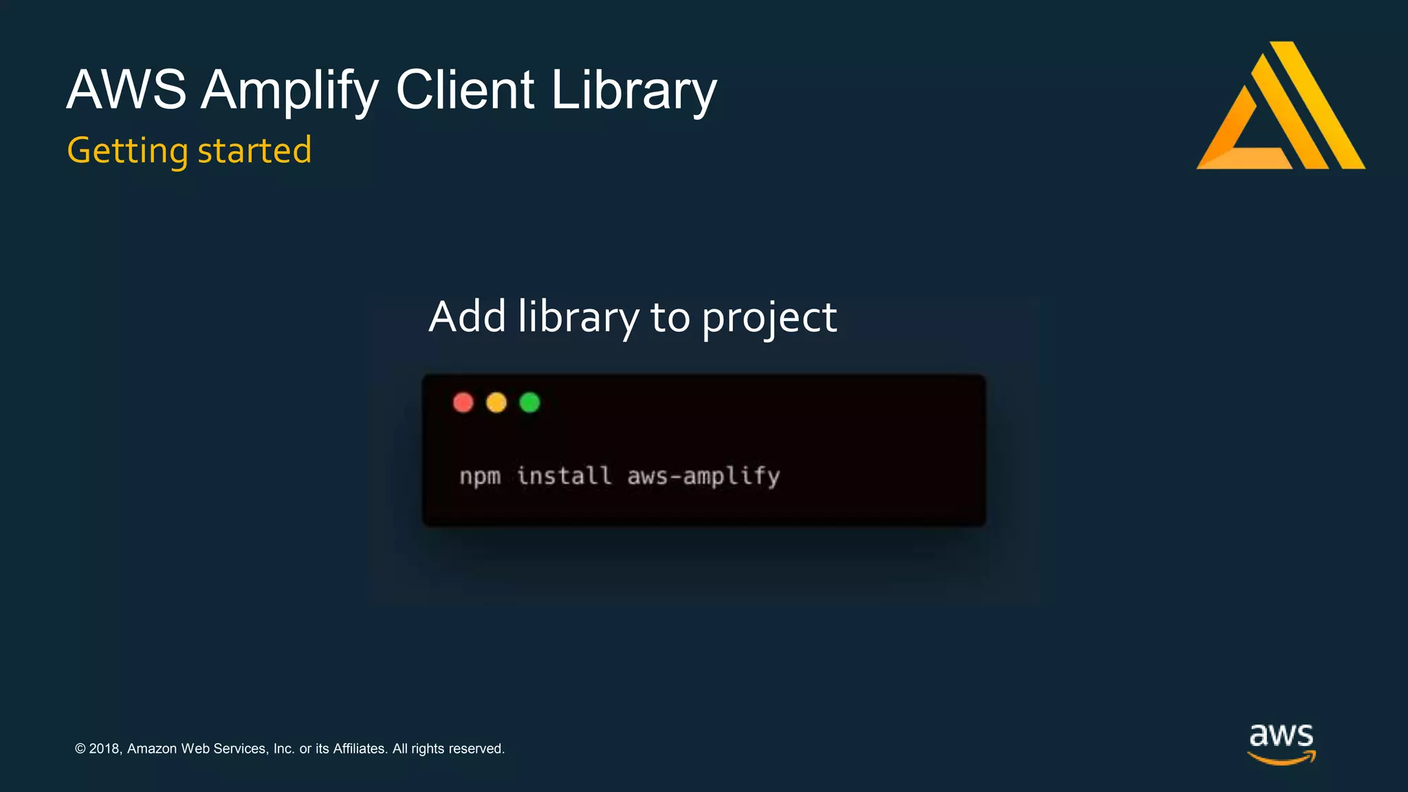 © 2018, Amazon Web Services, Inc. or its Affiliates. All rights reserved.
AWS Amplify Client Library
Getting started
Add library to project
 
