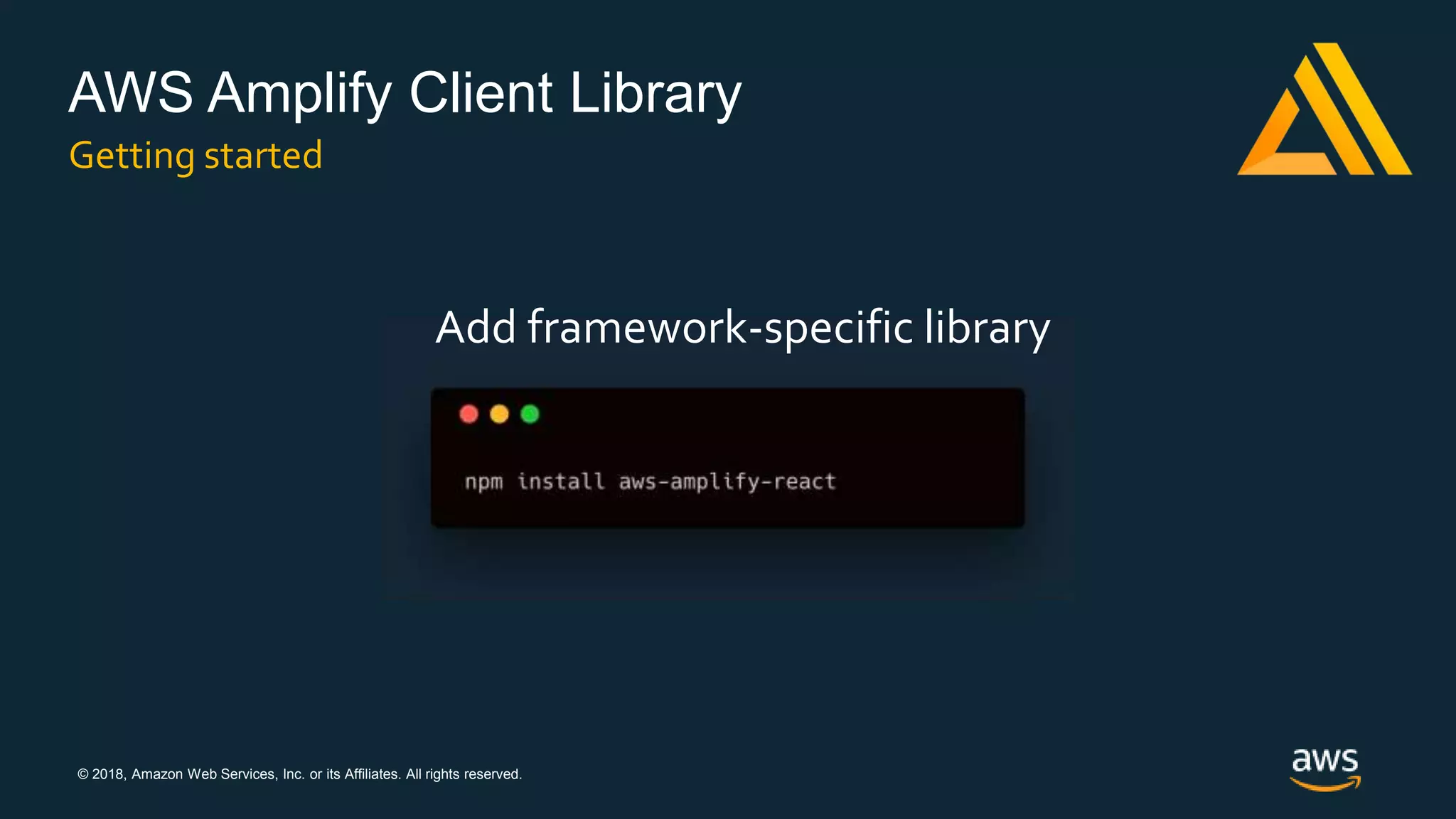© 2018, Amazon Web Services, Inc. or its Affiliates. All rights reserved.
AWS Amplify Client Library
Getting started
Add framework-specific library
 