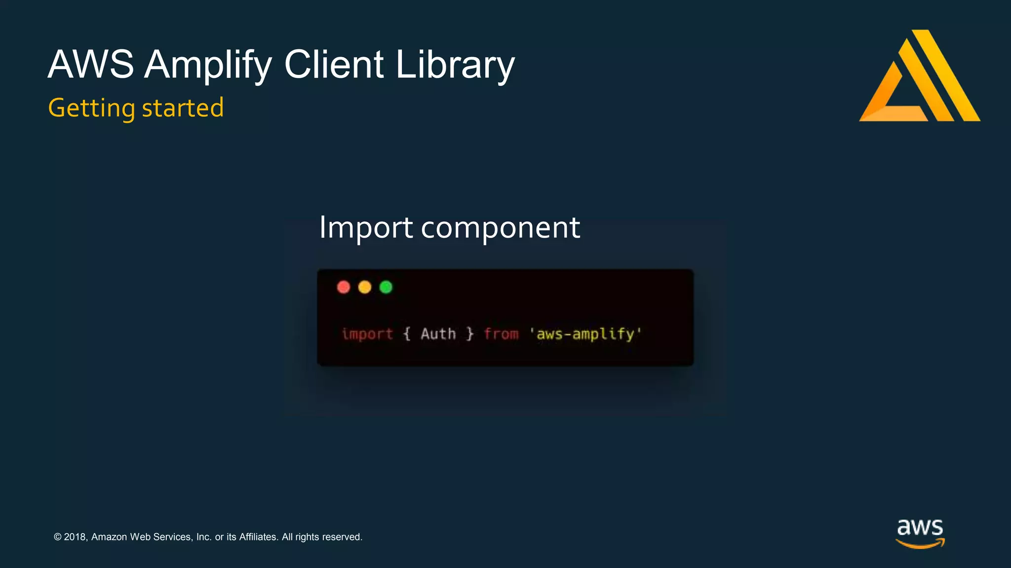 © 2018, Amazon Web Services, Inc. or its Affiliates. All rights reserved.
AWS Amplify Client Library
Getting started
Import component
 