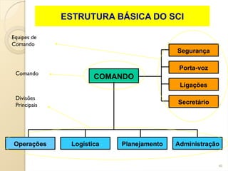 40
COMANDO
Segurança
Porta-voz
Ligações
Secretário
Operações Logística Planejamento Administração
Equipes de
Comando
Divisões
Principais
Comando
ESTRUTURA BÁSICA DO SCI
 