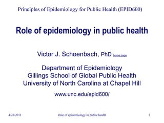 4/26/2011 Role of epidemiology in public health 1
Role of epidemiology in public health
Principles of Epidemiology for Public Health (EPID600)
Victor J. Schoenbach, PhD home page
Department of Epidemiology
Gillings School of Global Public Health
University of North Carolina at Chapel Hill
www.unc.edu/epid600/
 