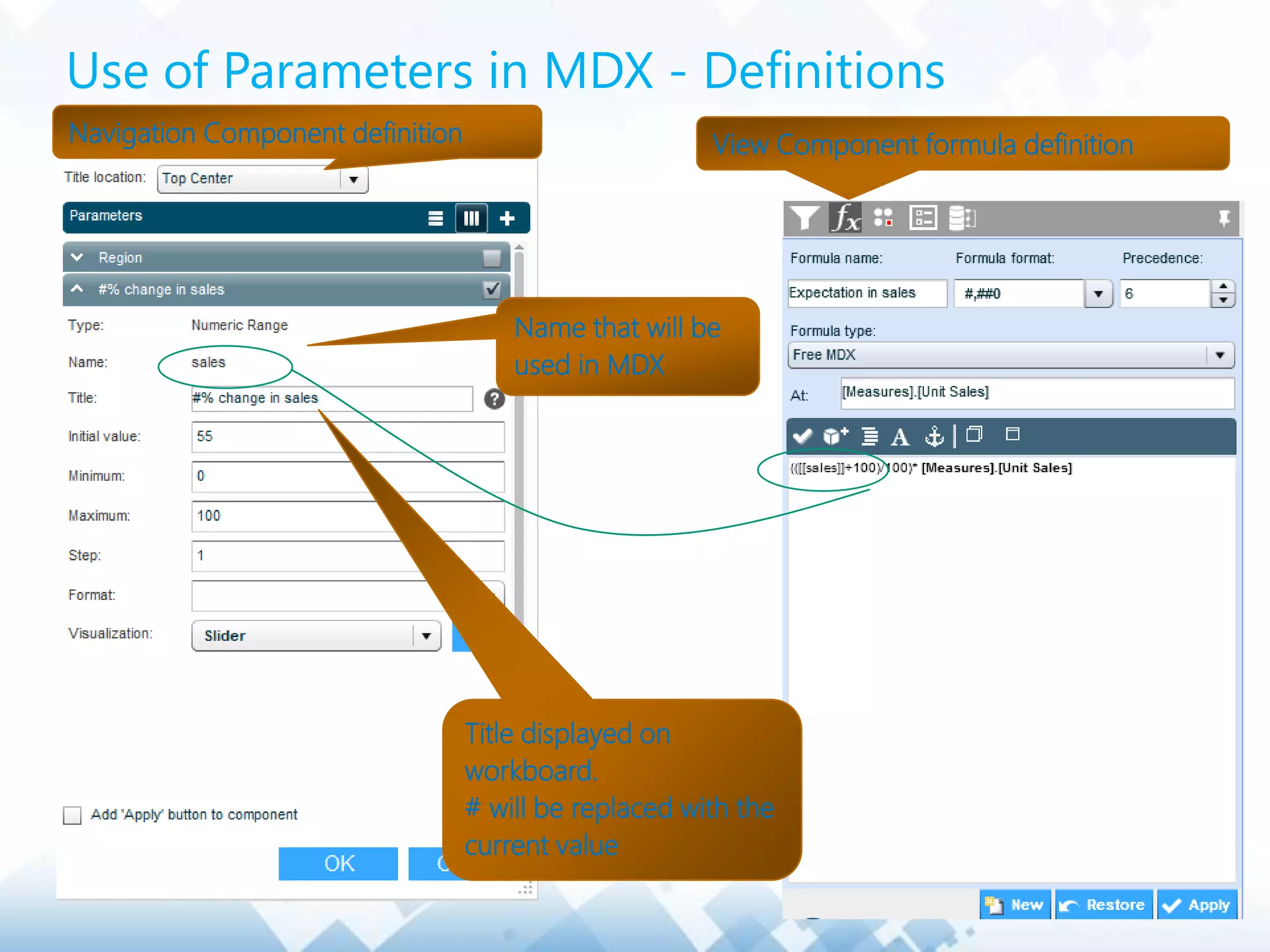 Use of Parameters in MDX - Definitions
Title displayed on
workboard.
# will be replaced with the
current value
Name that will be
used in MDX
Navigation Component definition View Component formula definition
 