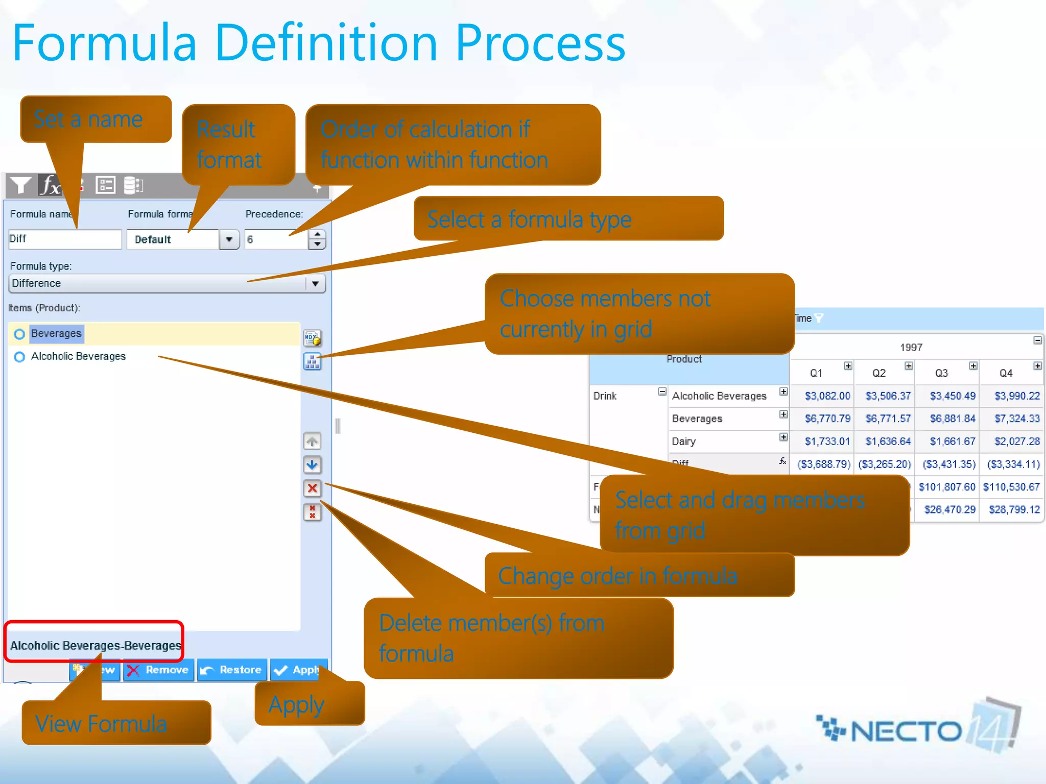 Formula Definition Process
Set a name Result
format
Order of calculation if
function within function
Select a formula type
Select and drag members
from grid
Change order in formula
Delete member(s) from
formula
View Formula
Apply
Choose members not
currently in grid
 