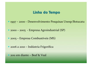   1997	
  –	
  2000	
  -­‐	
  Desenvolvimento	
  Pesquisas	
  Unesp/Botucatu	
  


  2000	
  –	
  2005	
  	
  -­‐	
  Empresa	
  Agroindustrial	
  (SP)	
  

  2005	
  –	
  Empresa	
  Combustíveis	
  (MS)	
  


  2006	
  a	
  2010	
  –	
  Indústria	
  Frigoríﬁca	
  

  2011	
  em	
  diante	
  –	
  Beef	
  &	
  Veal	
  
 