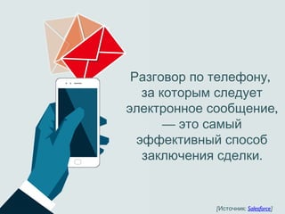 ,Разговор по телефону
за которым следует
электронное сообщение,
— это самый
эффективный способ
.заключения сделки
[ :Источник Salesforce]
 