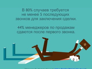 80%В случаев требуется
не менее 5 последующих
звонков .для заключения сделки
44% менеджеров по продажам
сдаются .после первого звонка
 