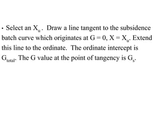 • Select an Xu . Draw a line tangent to the subsidence
batch curve which originates at G = 0, X = Xu. Extend
this line to the ordinate. The ordinate intercept is
Gtotal. The G value at the point of tangency is Gs.
 