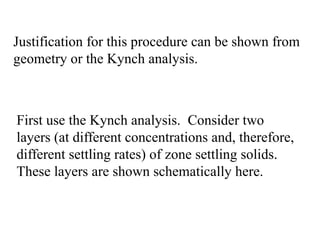 Justification for this procedure can be shown from
geometry or the Kynch analysis.
First use the Kynch analysis. Consider two
layers (at different concentrations and, therefore,
different settling rates) of zone settling solids.
These layers are shown schematically here.
 