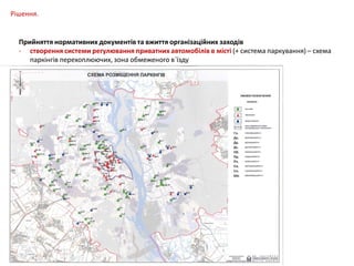 Рішення.

Прийняття нормативних документів та вжиття організаційних заходів
- створення системи регулювання приватних автомобілів в місті (+ система паркування) – схема
паркінгів перехоплюючих, зона обмеженого в`їзду

 