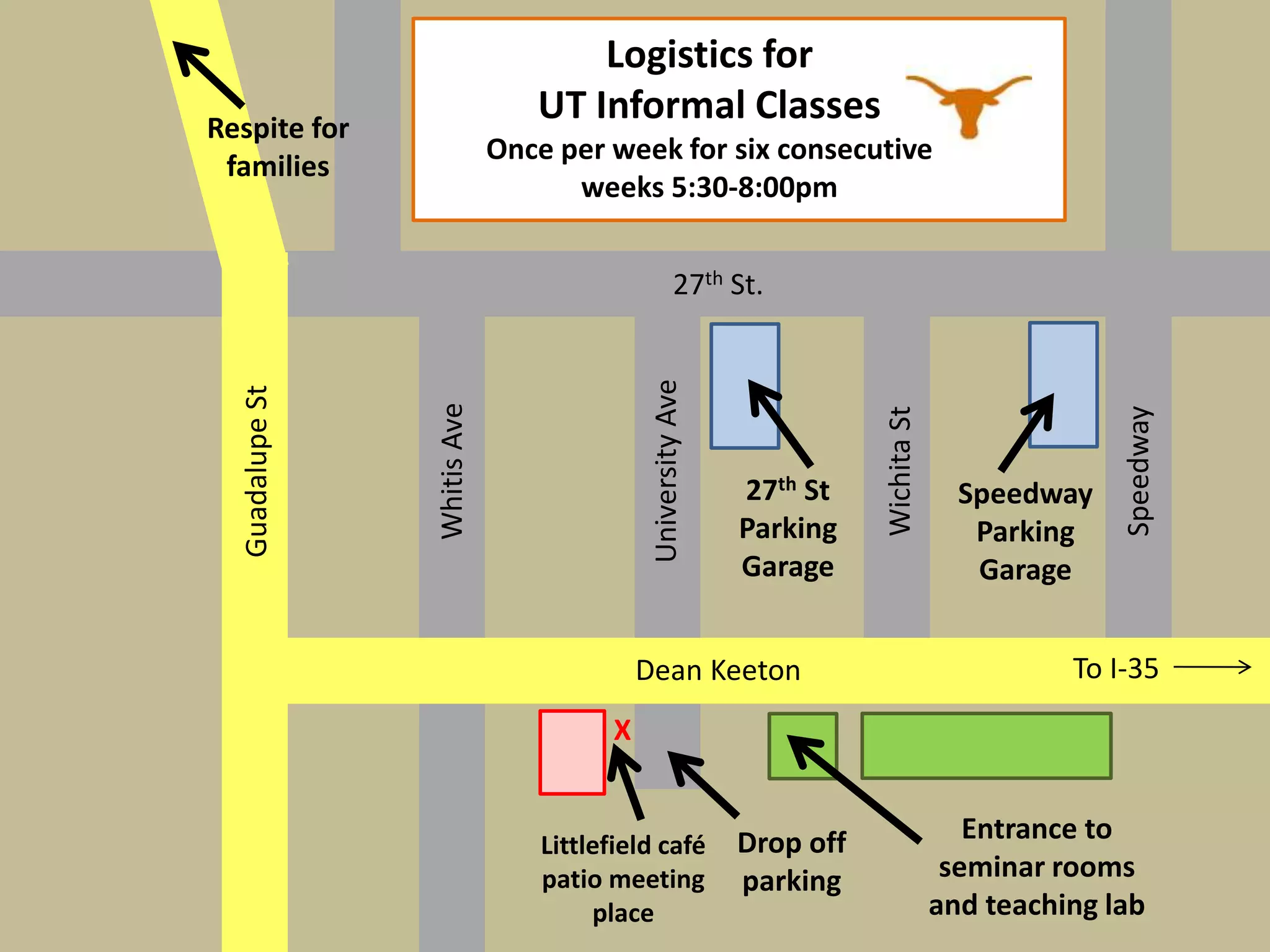 27th St.
GuadalupeSt
WhitisAve
UniversityAve
WichitaSt
Speedway
Dean Keeton
Drop off
parking
Littlefield café
patio meeting
place
Entrance to
seminar rooms
and teaching lab
Speedway
Parking
Garage
27th St
Parking
Garage
To I-35
X
Logistics for
UT Informal Classes
Once per week for six consecutive
weeks 5:30-8:00pm
Respite for
families
 