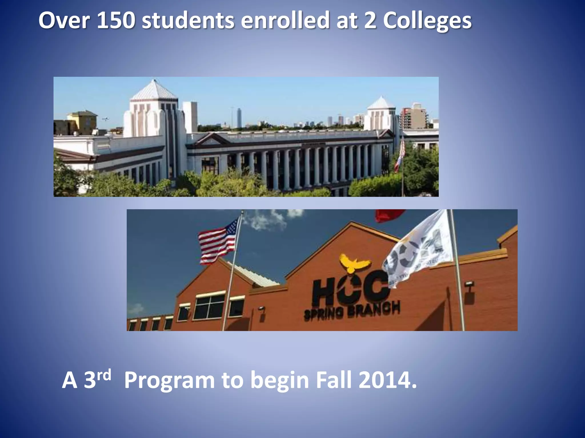 Over 150 students enrolled at 2 Colleges
A 3rd Program to begin Fall 2014.
 