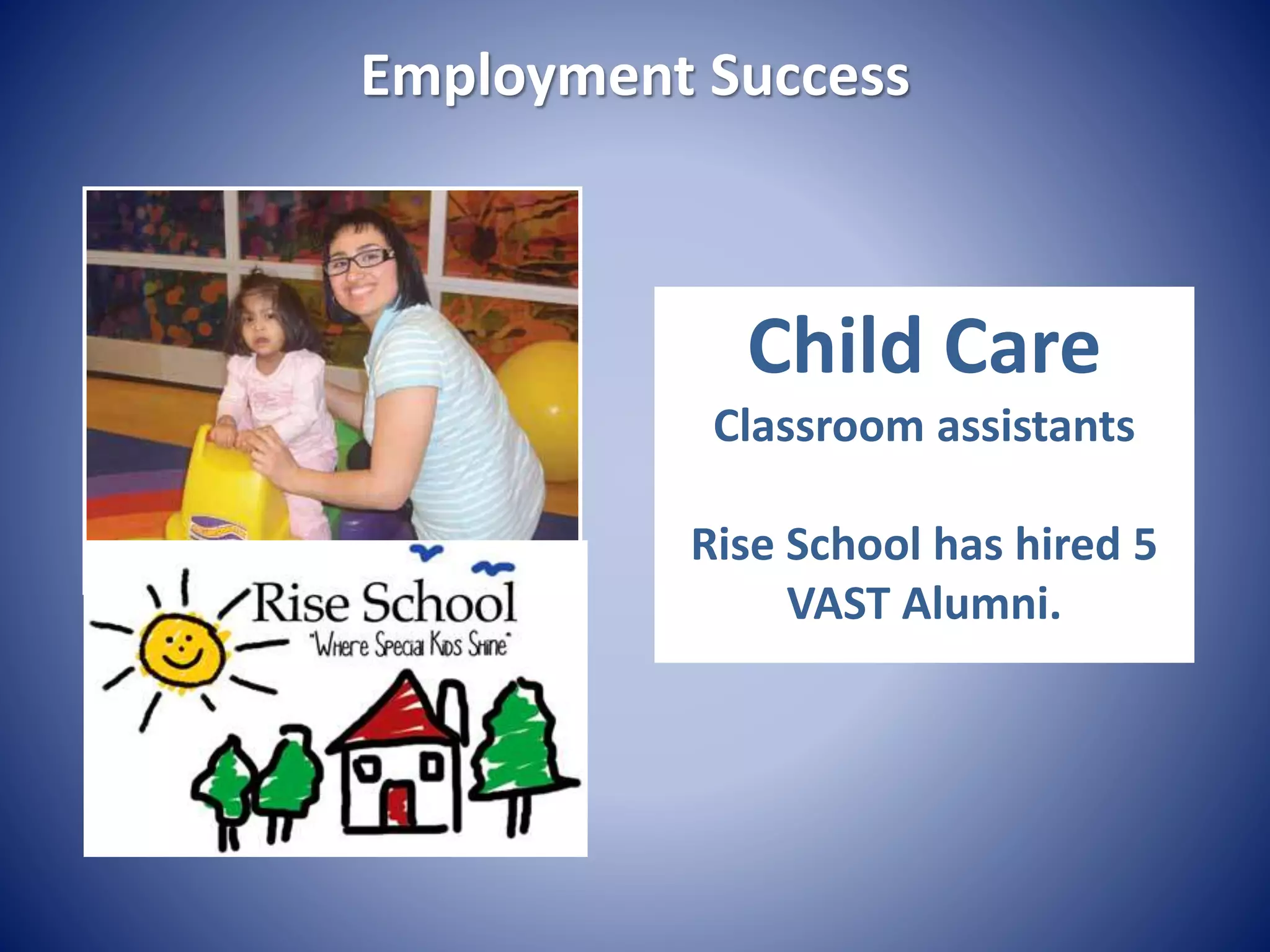 Child Care
Classroom assistants
Rise School has hired 5
VAST Alumni.
Employment Success
 