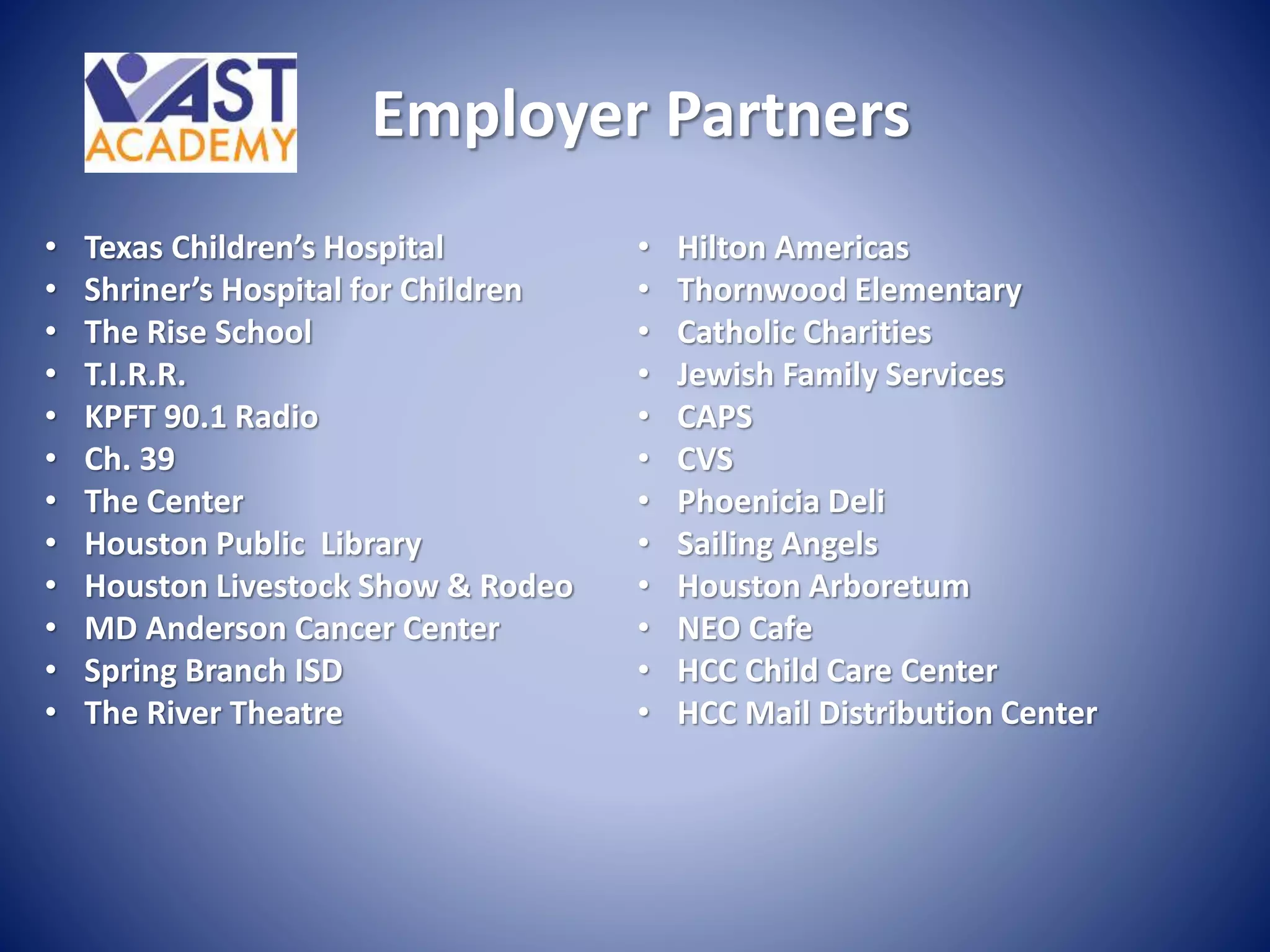 Employer Partners
• Texas Children’s Hospital
• Shriner’s Hospital for Children
• The Rise School
• T.I.R.R.
• KPFT 90.1 Radio
• Ch. 39
• The Center
• Houston Public Library
• Houston Livestock Show & Rodeo
• MD Anderson Cancer Center
• Spring Branch ISD
• The River Theatre
• Hilton Americas
• Thornwood Elementary
• Catholic Charities
• Jewish Family Services
• CAPS
• CVS
• Phoenicia Deli
• Sailing Angels
• Houston Arboretum
• NEO Cafe
• HCC Child Care Center
• HCC Mail Distribution Center
 