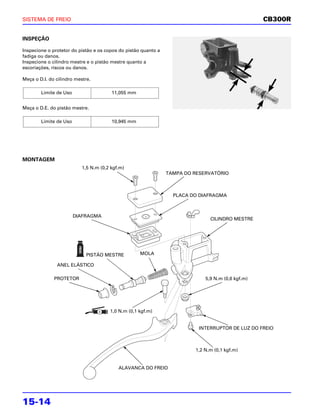 SISTEMA DE FREIO                                                                                   CB300R


INSPEÇÃO

Inspecione o protetor do pistão e os copos do pistão quanto a
fadiga ou danos.
Inspecione o cilindro mestre e o pistão mestre quanto a
escoriações, riscos ou danos.

Meça o D.I. do cilindro mestre.

        Limite de Uso                   11,055 mm


Meça o D.E. do pistão mestre.

        Limite de Uso                   10,945 mm




MONTAGEM
                           1,5 N.m (0,2 kgf.m)
                                                                TAMPA DO RESERVATÓRIO



                                                                  PLACA DO DIAFRAGMA



                        DIAFRAGMA
                                                                               CILINDRO MESTRE




                             PISTÃO MESTRE          MOLA

               ANEL ELÁSTICO

              PROTETOR                                                       5,9 N.m (0,6 kgf.m)




                                       1,0 N.m (0,1 kgf.m)


                                                                           INTERRUPTOR DE LUZ DO FREIO



                                                                         1,2 N.m (0,1 kgf.m)


                                           ALAVANCA DO FREIO




15-14
 