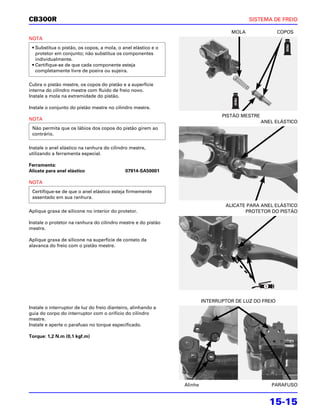CB300R                                                                                    SISTEMA DE FREIO

                                                                                   MOLA               COPOS
NOTA
 • Substitua o pistão, os copos, a mola, o anel elástico e o
   protetor em conjunto; não substitua os componentes
   individualmente.
 • Certifique-se de que cada componente esteja
   completamente livre de poeira ou sujeira.

Cubra o pistão mestre, os copos do pistão e a superfície
interna do cilindro mestre com fluido de freio novo.
Instale a mola na extremidade do pistão.

Instale o conjunto do pistão mestre no cilindro mestre.
                                                                               PISTÃO MESTRE
NOTA
                                                                                               ANEL ELÁSTICO
 Não permita que os lábios dos copos do pistão girem ao
 contrário.

Instale o anel elástico na ranhura do cilindro mestre,
utilizando a ferramenta especial.

Ferramenta:
Alicate para anel elástico                   07914-SA50001

NOTA
 Certifique-se de que o anel elástico esteja firmemente
 assentado em sua ranhura.
                                                                                ALICATE PARA ANEL ELÁSTICO
Aplique graxa de silicone no interior do protetor.                                     PROTETOR DO PISTÃO

Instale o protetor na ranhura do cilindro mestre e do pistão
mestre.

Aplique graxa de silicone na superfície de contato da
alavanca do freio com o pistão mestre.




                                                                        INTERRUPTOR DE LUZ DO FREIO
Instale o interruptor de luz do freio dianteiro, alinhando a
guia do corpo do interruptor com o orifício do cilindro
mestre.
Instale e aperte o parafuso no torque especificado.

Torque: 1,2 N.m (0,1 kgf.m)




                                                               Alinhe                             PARAFUSO


                                                                                                  15-15
 