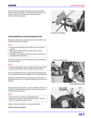 CB300R                                                                                  SISTEMA DE FREIO


Solte a válvula de sangria e bombeie a alavanca do freio.
Somente pare de bombear a alavanca do freio quando não
houver mais fluxo de fluido pela válvula de sangria.
Aperte a válvula de sangria.




                                                                ALAVANCA DO FREIO

ABASTECIMENTO DE FLUIDO/SANGRIA DO AR

Abasteça o reservatório utilizando fluido de freio DOT-4, até
atingir a linha de nível superior.

NOTA
 • Utilize somente fluido de freio DOT-4 de um recipiente
   lacrado.
 • Não misture diferentes tipos de fluido pois não são
   compatíveis entre si.
 • Ao utilizar a ferramenta de sangria, siga as instruções de
   utilização de seu fabricante.

Conecte um sangrador de freio disponível comercialmente à         VÁLVULA DE SANGRIA
válvula de sangria.

NOTA
 Se houver penetração de ar no sistema através das roscas
 da válvula de sangria, vede-as utilizando fita de teflon.

Acione o sangrador de freio e solte a válvula de sangria até
que o sistema permaneça completamente nivelado/sangrado.

Inspecione frequentemente o nível de fluido ao executar a
sangria para evitar que o ar seja bombeado para o interior do
sistema.

                                                                                       SANGRADOR DE FREIO

Após executar a sangria do ar, acione a alavanca do freio. Se
a alavanca ainda parecer esponjosa, execute novamente os
procedimentos de sangria.

NOTA
 Se não utilizar um sistema de reabastecimento
 automático, adicione o fluido de freio quando o nível de
 fluido no reservatório estiver baixo.

Aperte a válvula de sangria no torque especificado.

Torque: 5,4 N.m (0,6 kgf.m)




                                                                                                 15-7
 
