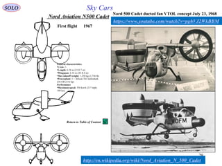 29
Nord Aviation N500 Cadet
http://en.wikipedia.org/wiki/Nord_Aviation_N_500_Cadet
First flight 1967
General characteristics
•Crew: 1
•Length: 6.58 m (21 ft 7 in)
•Wingspan: 6.14 m (20 ft 2 in)
•Max takeoff weight: 1,250 kg (2,756 lb)
•Powerplant: 1 × Allison T63 turboshaft,
236 kW (316 hp)
Performance
•Maximum speed: 350 km/h (217 mph;
189 kn)
https://www.youtube.com/watch?v=pghVJ2WkBBM
Nord 500 Cadet ducted fan VTOL concept July 23, 1968
SOLO Sky Cars
Return to Table of Content
 