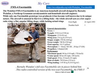 30
Sky Cars
Barnaby Wainfan’s full-size Facetmobile sits in pieces behind him.
This radio-controlled version of the two-seat Facetmobile, the FMX-5.
The Wainfan FMX-4 Facetmobile is an American homebuilt aircraft designed by Barnaby
Wainfan, a Northrop Grumman aerodynamicist and homebuilt aircraft engineer.
While only one Facetmobile prototype was produced, it has become well known due to its unique
nature. The aircraft is unusual in that it is a lifting body - the whole aircraft acts as a low aspect
ratio wing: a flat, angular lifting shape, while lacking actual wings
http://en.wikipedia.org/wiki/Wainfan_Facetmobile
General characteristics
•Crew: 1
•Length: 19 ft 6 in (5.94 m)
•Wingspan: 15 ft (4.6 m)
•Wing area: 214 sq ft (19.9 m2
)
•Empty weight: 370 lb (168 kg)
•Gross weight: 740 lb (336 kg)
•Fuel capacity: 10-13 gallons
•Powerplant: 1 × Rotax 503 DC , 50 hp (37 kW)
•Propellers: 3-bladed GSC
Performance
•Maximum speed: 96 kn (110 mph; 178 km/h)
•Cruise speed: 80 kn (92 mph; 148 km/h)
•Stall speed: 29 kn; 53 km/h (33 mph)
•Rate of climb: 750 ft/min (3.8 m/s)
•Wing loading: 3.45 lb/sq ft (16.8 kg/m2
)
First flight 22 April 1993
Number built 1
FMX-4 Facetmobile
SOLO
Return to Table of Content
 