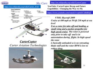 31
Sky Cars
CarterCopter
Carter Aviation Technologies
VTOL Skycraft 2009
Cruise at 400 mph at 50 kft 230 mph at sea
level
Uses a rotor for take off and landing ,a
small wing and a pusher propeller for
high speed cruise. The rotor is powered
only prior to take off and is in
autorotation during flight. In high speed
the rotor
is basically unloaded so is no retreating
blade stall and the rotor RPM is low to
reduce drag.
http://en.wikipedia.org/wiki/CarterCopter
https://www.youtube.com/watch?v=qh6ZCXBiRSQ
YouTube: CarterCopter Recap and Future
Capabilities - Changing the Way we Fly
http://en.wikipedia.org/wiki/Carter_PAV
SOLO
 