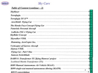4
Table of Content (continue – 2(
Sky CarsSOLO
Skyblazer
Terrafugia
Terrafugia TF-X™
AeroMobil Flying Car
The Honda Fuzo Concept Flying Car
Futuristic Personal Aircraft
LaBiche FSC-1 Flying Car
SkyRider Concept
Skywalker VTOL
Humming, AeroCopter Inc.
Verticopter of Garrow Aircraft
Elytron VTOL
Flying Car - Pal-V One
DARPA's Transformer TX 'flying Humvee' project
Lockheed Martin Transformer (TX(
K089 Manned Autonomous Air Vehicle (MAAV(
K099 single-seat manned autonomous tiltwing (MATW(
K0123 convertiplane
Samson Switchblade
 