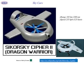 40
Range 185 km (100 nm)
Speed 235 kph (125 knots)
http://en.wikipedia.org/wiki/Sikorsky_Cypher
SOLO Sky Cars
Return to Table of Content
 