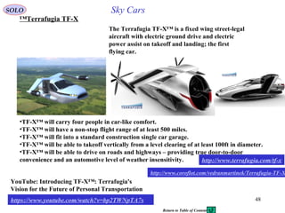 48
Terrafugia TF-X™
http://www.terrafugia.com/tf-x
•TF-X™ will carry four people in car-like comfort.
•TF-X™ will have a non-stop flight range of at least 500 miles.
•TF-X™ will fit into a standard construction single car garage.
•TF-X™ will be able to takeoff vertically from a level clearing of at least 100ft in diameter.
•TF-X™ will be able to drive on roads and highways – providing true door-to-door
convenience and an automotive level of weather insensitivity.
https://www.youtube.com/watch?v=bp2TWNpTA7s
YouTube: Introducing TF-X™: Terrafugia's
Vision for the Future of Personal Transportation
The Terrafugia TF-X™ is a fixed wing street-legal
aircraft with electric ground drive and electric
power assist on takeoff and landing; the first
flying car.
http://www.coroflot.com/vedranmartinek/Terrafugia-TF-X
SOLO Sky Cars
Return to Table of Content
 
