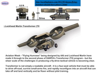 Aviation Week - "Flying Humvees" being designed by AAI and Lockheed Martin have
made it through to the second phase of DARPA's Transformer (TX) program - but the
sheer scale of the challenges in producing a fly-drive tactical vehicle is becoming clear.
Transformer is not simply a roadable aircraft - it is a four-seat vehicle that must be able
to drive off-road, survive small-arms fire, and rapidly reconfigure into an aircraft that can
take off and land vertically and be flown without pilot training.
http://nextbigfuture.com/2012/03/darpa-flying-
hummer-should-have-phase-2.html
Lockheed Martin Transformer (TX)
SOLO
 