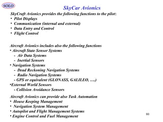SkyCraft Avionics provides the following functions to the pilot:
• Pilot Displays
• Communication (internal and external)
• Data Entry and Control
• Flight Control
SOLO
SkyCar Avionics
80
Aircraft Avionics includes also the following functions
• Aircraft State Sensor Systems
- Air Data Systems
- Inertial Sensors
• Navigation Systems
- Dead Reckoning Navigation Systems
- Radio Navigation Systems
- GPS or equivalent (GLONASS, GALILEO, ….)
•External World Sensors
- Collision Avoidance Sensors
Aircraft Avionics can provide also Task Automation
• House Keeping Management
• Navigation System Management
• Autopilot and Flight Management Systems
• Engine Control and Fuel Management
 