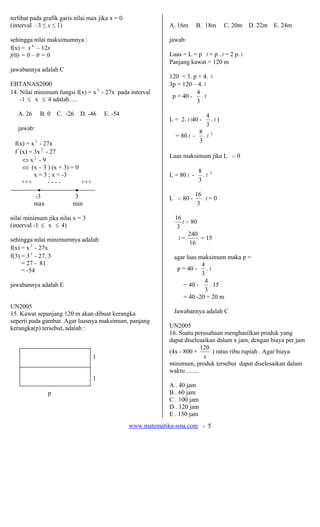 www.matematika-sma.com - 5
terlihat pada grafik garis nilai max jika x = 0
(interval –3 ≤ x ≤ 1)
sehingga nilai maksimumnya :
f(x) = x 4
– 12x
f(0) = 0 – 0 = 0
jawabannya adalah C
EBTANAS2000
14. Nilai minimum fungsi f(x) = x3
- 27x pada interval
-1 ≤ x ≤ 4 adalah….
A. 26 B. 0 C. -26 D. -46 E. -54
jawab:
f(x) = x3
- 27x
f '
(x) = 3x 2
- 27
⇔ x 2
- 9
⇔ (x – 3 ) (x + 3) = 0
x = 3 ; x = -3
+++ - - - - +++
• •
-3 3
max min
nilai minimum jika nilai x = 3
(interval -1 ≤ x ≤ 4)
sehingga nilai minimumnya adalah:
f(x) = x3
- 27x
f(3) = 33
- 27. 3
= 27 - 81
= -54
jawabannya adalah E
UN2005
15. Kawat sepanjang 120 m akan dibuat kerangka
seperti pada gambar. Agar luasnya maksimum, panjang
kerangka(p) tersebut, adalah :
l
l
p
A. 16m B. 18m C. 20m D. 22m E. 24m
jawab:
Luas = L = p l + p . l = 2 p. l
Panjang kawat = 120 m
120 = 3. p + 4. l
3p = 120 – 4. l
p = 40 -
3
4
. l
L = 2. l (40 -
3
4
. l )
= 80 l -
3
8
. l 2
Luas maksimum jika L'
= 0
L = 80 l -
3
8
. l 2
L'
= 80 -
3
16
. l = 0
3
16
l = 80
l =
16
240
= 15
agar luas maksimum maka p =
p = 40 -
3
4
. l
= 40 -
3
4
. 15
= 40 -20 = 20 m
Jawabannya adalah C
UN2005
16. Suatu perusahaan menghasilkan produk yang
dapat diselesaikan dalam x jam, dengan biaya per jam
(4x - 800 +
x
120
) ratus ribu rupiah . Agar biaya
minimum, produk tersebut dapat diselesaikan dalam
waktu ........
A . 40 jam
B . 60 jam
C . 100 jam
D . 120 jam
E . 150 jam
 