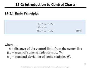 © John Wiley & Sons, Inc. Applied Statistics and Probability for Engineers, by Montgomery and Runger.
15-2.1 Basic Principles
where
k = distance of the control limit from the center line
µw = mean of some sample statistic, W.
σw = standard deviation of some statistic, W.
15-2: Introduction to Control Charts
10
 
