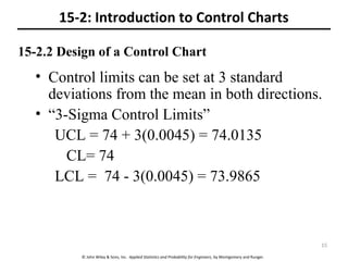 © John Wiley & Sons, Inc. Applied Statistics and Probability for Engineers, by Montgomery and Runger.
15-2.2 Design of a Control Chart
• Control limits can be set at 3 standard
deviations from the mean in both directions.
• “3-Sigma Control Limits”
UCL = 74 + 3(0.0045) = 74.0135
CL= 74
LCL = 74 - 3(0.0045) = 73.9865
15-2: Introduction to Control Charts
15
 