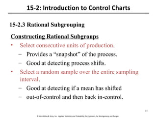 © John Wiley & Sons, Inc. Applied Statistics and Probability for Engineers, by Montgomery and Runger.
15-2.3 Rational Subgrouping
15-2: Introduction to Control Charts
Constructing Rational Subgroups
• Select consecutive units of production.
– Provides a “snapshot” of the process.
– Good at detecting process shifts.
• Select a random sample over the entire sampling
interval.
– Good at detecting if a mean has shifted
– out-of-control and then back in-control.
19
 
