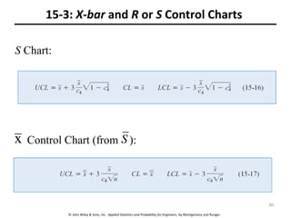 © John Wiley & Sons, Inc. Applied Statistics and Probability for Engineers, by Montgomery and Runger.
15-3: X-bar and R or S Control Charts
S Chart:
Control Chart (from ):x S
30
 
