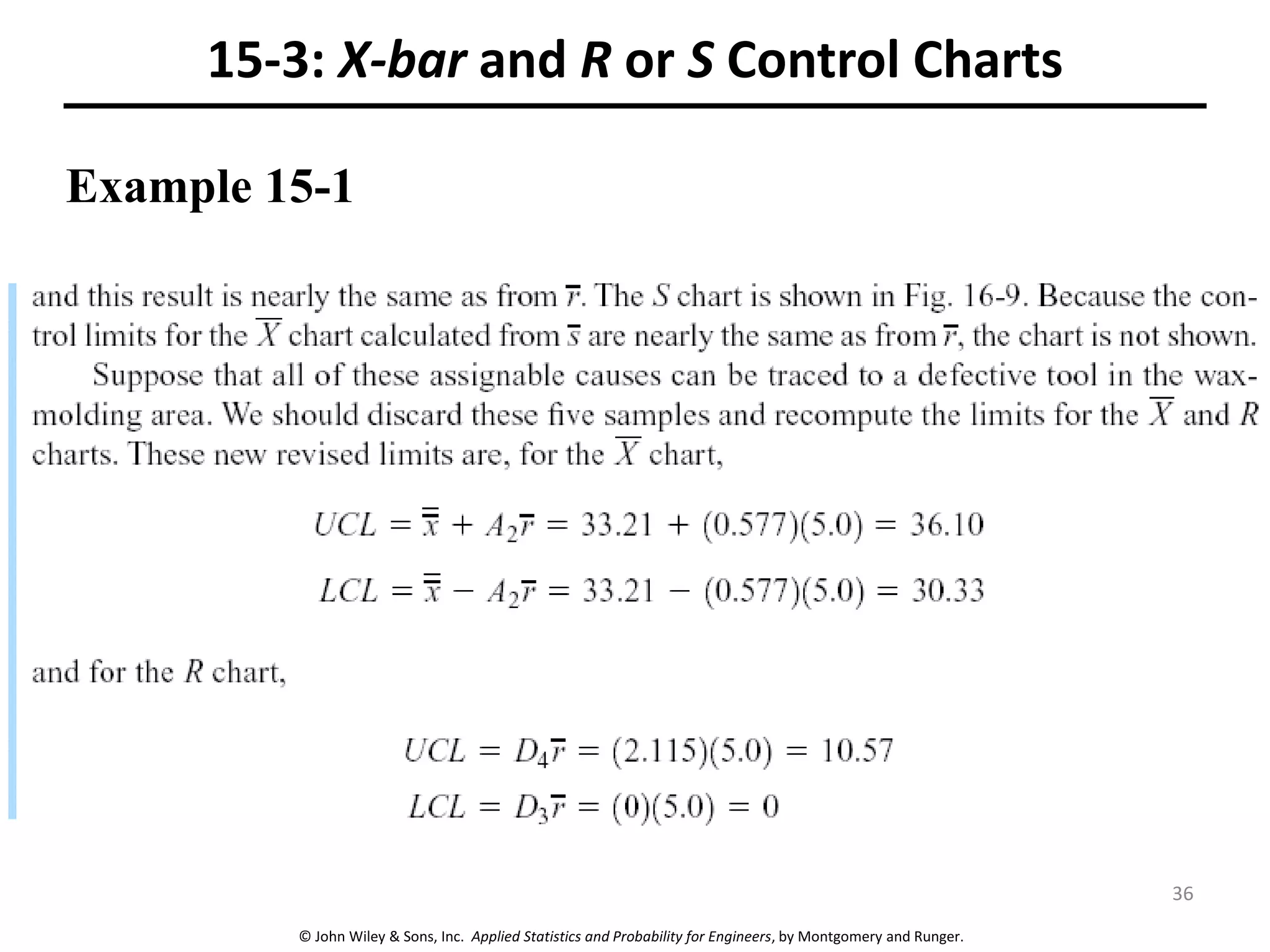 © John Wiley & Sons, Inc. Applied Statistics and Probability for Engineers, by Montgomery and Runger.
15-3: X-bar and R or S Control Charts
Example 15-1
36
 