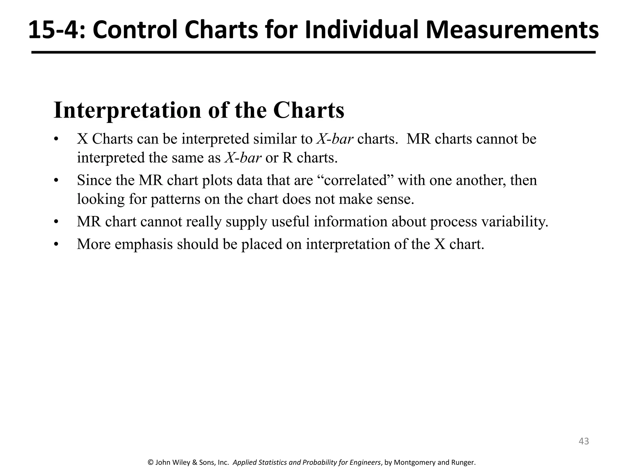 © John Wiley & Sons, Inc. Applied Statistics and Probability for Engineers, by Montgomery and Runger.
15-4: Control Charts for Individual Measurements
Interpretation of the Charts
• X Charts can be interpreted similar to X-bar charts. MR charts cannot be
interpreted the same as X-bar or R charts.
• Since the MR chart plots data that are “correlated” with one another, then
looking for patterns on the chart does not make sense.
• MR chart cannot really supply useful information about process variability.
• More emphasis should be placed on interpretation of the X chart.
43
 