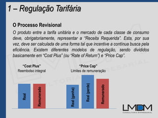 O Processo Revisional
O produto entre a tarifa unitária e o mercado de cada classe de consumo
deve, obrigatoriamente, representar a “Receita Requerida”. Esta, por sua
vez, deve ser calculada de uma forma tal que incentive a contínua busca pela
eficiência. Existem diferentes modelos de regulação, sendo divididos
basicamente em “Cost Plus” (ou “Rate of Return”) e “Price Cap”.
1 – Regulação Tarifária
“Cost Plus”
Reembolso integral
Real
Remunerado
“Price Cap”
Limites de remuneraçãoReal(ganha)
Remunerado
Real(perde)
 