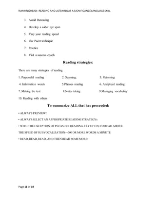 RUNNINGHEAD: READING ANDLISTENINGAS A SIGNIFICANCELANGUAGESKILL
Page 11 of 19
3. Avoid Rereading
4. Develop a wider eye span
5. Vary your reading speed
6. Use Pacer technique
7. Practice
8. Visit a success coach
Reading strategies:
There are many strategies of reading.
1. Purposeful reading 2. Scanning: 3. Skimming
4. Information words 5.Phrases reading 6. Analytical reading:
7. Making the text 8.Notes taking 9.Managing vocabulary:
10. Reading with others
To summarize ALL that has proceeded:
• ALWAYS PREVIEW!
• ALWAYS SELECT AN APPROPRIATE READINGSTRATEGYs
• WITH THE EXCEPTION OF PLEASURE READING,TRY OFTEN TO READ ABOVE
THE SPEED OF SUBVOCALIZATION---300 OR MORE WORDS A MINUTE
• READ,READ,READ, AND THEN READ SOME MORE!
 