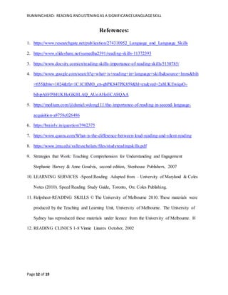 RUNNINGHEAD: READING ANDLISTENINGAS A SIGNIFICANCELANGUAGESKILL
Page 12 of 19
References:
1. https://www.researchgate.net/publication/274310952_Language_and_Language_Skills
2. https://www.slideshare.net/sumedha2391/reading-skills-11372393
3. https://www.docsity.com/en/reading-skills-importance-of-reading-skills/5130785/
4. https://www.google.com/search?q=what+is+reading+in+language+skills&source=lmns&bih
=655&biw=1024&rlz=1C1CHMO_en-gbPK847PK859&hl=en&ved=2ahUKEwiqsO-
biIvpAhVP04UKHcGKBLAQ_AUoAHoECAEQAA
5. https://medium.com/@daniel.wdong111/the-importance-of-reading-in-second-language-
acquisition-a8758c026486
6. https://brainly.in/question/3962375
7. https://www.quora.com/What-is-the-difference-between-loud-reading-and-silent-reading
8. https://www.jmu.edu/valleyscholars/files/studyreadingskills.pdf
9. Strategies that Work: Teaching Comprehension for Understanding and Engagement
Stephanie Harvey & Anne Goudvis, second edition, Stenhouse Publishers, 2007
10. LEARNING SERVICES -Speed Reading Adapted from – University of Maryland & Coles
Notes (2010). Speed Reading Study Guide, Toronto, On: Coles Publishing.
11. Helpsheet-READING SKILLS © The University of Melbourne 2010. These materials were
produced by the Teaching and Learning Unit, University of Melbourne. The University of
Sydney has reproduced these materials under licence from the University of Melbourne. H
12. READING CLINICS 1-8 Vinnie Linares October, 2002
 