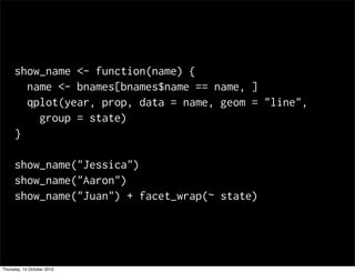show_name <- function(name) {
       name <- bnames[bnames$name == name, ]
       qplot(year, prop, data = name, geom = "line",
         group = state)
     }

     show_name("Jessica")
     show_name("Aaron")
     show_name("Juan") + facet_wrap(~ state)




Thursday, 14 October 2010
 