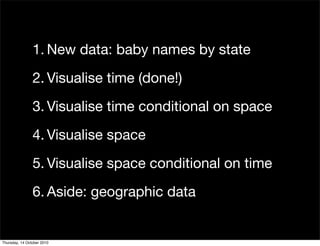 1. New data: baby names by state
                2. Visualise time (done!)
                3. Visualise time conditional on space
                4. Visualise space
                5. Visualise space conditional on time
                6. Aside: geographic data


Thursday, 14 October 2010
 