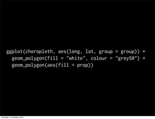 ggplot(choropleth, aes(long, lat, group = group)) +
       geom_polygon(fill = "white", colour = "grey50") +
       geom_polygon(aes(fill = prop))




Thursday, 14 October 2010
 