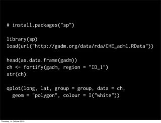 # install.packages("sp")

     library(sp)
     load(url("http://gadm.org/data/rda/CHE_adm1.RData"))

     head(as.data.frame(gadm))
     ch <- fortify(gadm, region = "ID_1")
     str(ch)

     qplot(long, lat, group = group, data = ch,
       geom = "polygon", colour = I("white"))



Thursday, 14 October 2010
 