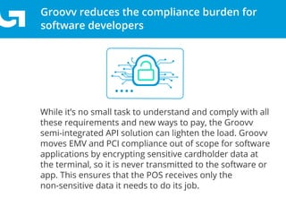 Groovv reduces the compliance burden for
software developers
While it’s no small task to understand and comply with all
these requirements and new ways to pay, the Groovv
semi-integrated API solution can lighten the load. Groovv
moves EMV and PCI compliance out of scope for software
applications by encrypting sensitive cardholder data at
the terminal, so it is never transmitted to the software or
app. This ensures that the POS receives only the
non-sensitive data it needs to do its job.
 