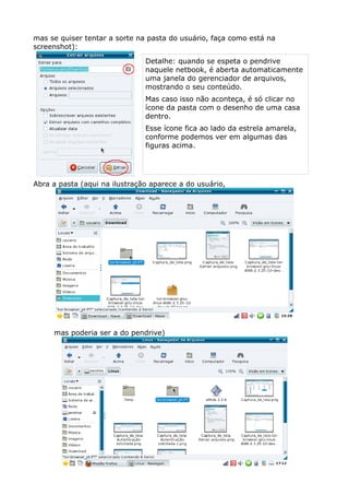 mas se quiser tentar a sorte na pasta do usuário, faça como está na
screenshot):
Abra a pasta (aqui na ilustração aparece a do usuário,
mas poderia ser a do pendrive)
Detalhe: quando se espeta o pendrive
naquele netbook, é aberta automaticamente
uma janela do gerenciador de arquivos,
mostrando o seu conteúdo.
Mas caso isso não aconteça, é só clicar no
ícone da pasta com o desenho de uma casa
dentro.
Esse ícone fica ao lado da estrela amarela,
conforme podemos ver em algumas das
figuras acima.
 
