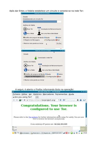 Após dar Enter, o Vidalia estabelece um circuito e conecta-se na rede Tor:
A seguir, é aberto o Firefox informando êxito na operação:
 