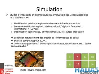 Simulation
 Etudes d’impact de choix structurants, évaluation éco., robustesse des
mix, optimisation
o Modélisation précise et rapide des réseaux et infra de production
o Scénarios transitoires rapides, périmètre local / régional / national ...
international ? (COP21)
o Optimisation économique, environnementale, ressources production
 Bénéficier naturellement des progrès de l’informatique de calcul
 Exascale computing pour 2020 ...
 Ordinateurs quantiques ? Démultiplication vitesse, optimisation, etc... Est-ce
que ça marche ?
E A G OK
10 0  7 10
image : kryptonradio.com
 