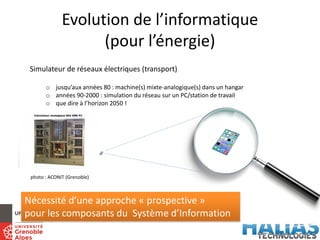 Evolution de l’informatique
(pour l’énergie)
Simulateur de réseaux électriques (transport)
o jusqu’aux années 80 : machine(s) mixte-analogique(s) dans un hangar
o années 90-2000 : simulation du réseau sur un PC/station de travail
o que dire à l’horizon 2050 !
photo : ACONIT (Grenoble)
Nécessité d’une approche « prospective »
pour les composants du Système d’Information
 