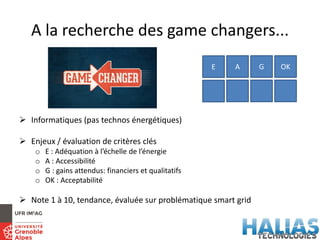 A la recherche des game changers...
 Informatiques (pas technos énergétiques)
 Enjeux / évaluation de critères clés
o E : Adéquation à l’échelle de l’énergie
o A : Accessibilité
o G : gains attendus: financiers et qualitatifs
o OK : Acceptabilité
 Note 1 à 10, tendance, évaluée sur problématique smart grid
E A G OK
 