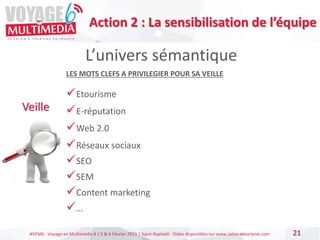 #VEM6 - Voyage en Multimédia 4 | 5 & 6 Février 2015 | Saint-Raphaël - Slides disponibles sur www.salon-etourisme.com 21
L’univers sémantique
Veille
LES MOTS CLEFS A PRIVILEGIER POUR SA VEILLE
Etourisme
E-réputation
Web 2.0
Réseaux sociaux
SEO
SEM
Content marketing
…
Action 2 : La sensibilisation de l’équipe
 